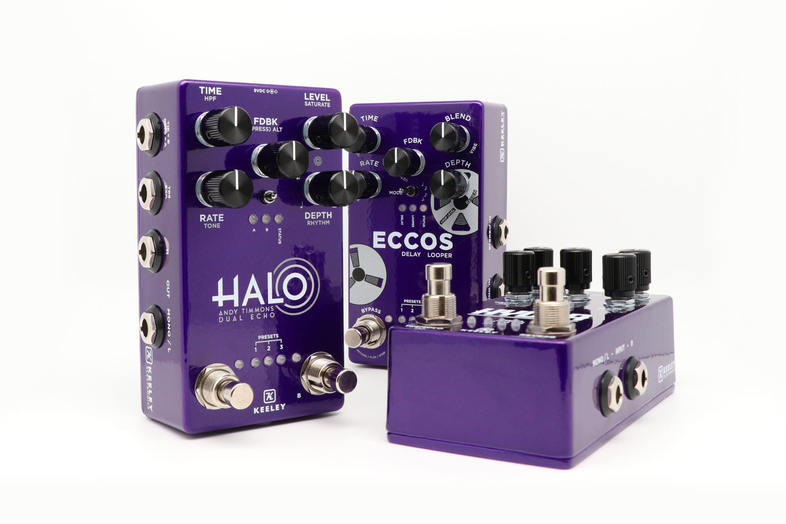The Keeley Electronics Custom Shop Halo, Hydra, and Eccos in a stunning 2K24 Purple finish.